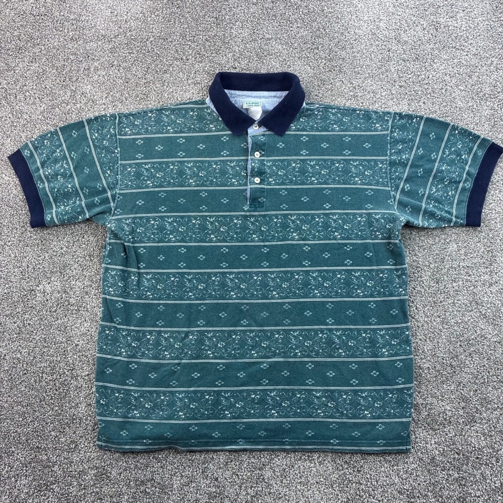 Vintage L.L. Bean Casco Bay Polo Shirt Mens Large Green Paisley Floral Bandana